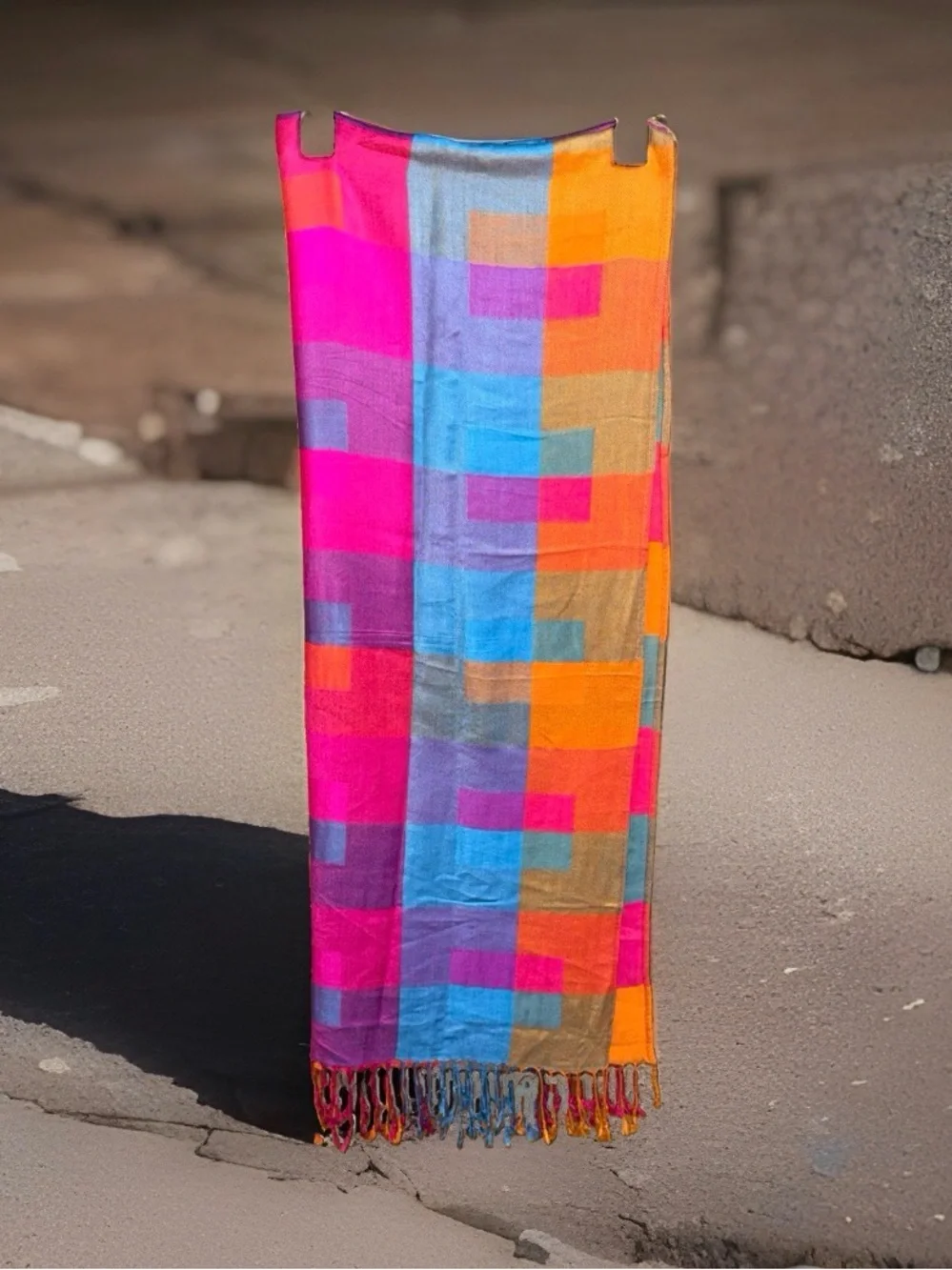 NWOT Mendes Pashmina Multicolor Colorblock Woven Fringe Scarf-28”x78-EC